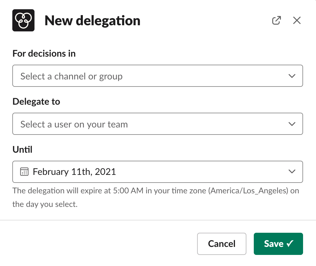 Settings for a new delegation in Accord for Slack